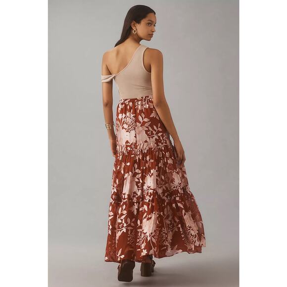 Anthropologie NWT Hutch Red Satin Floral Tiered Maxi Skirt Size Small - Picture 2 of 10